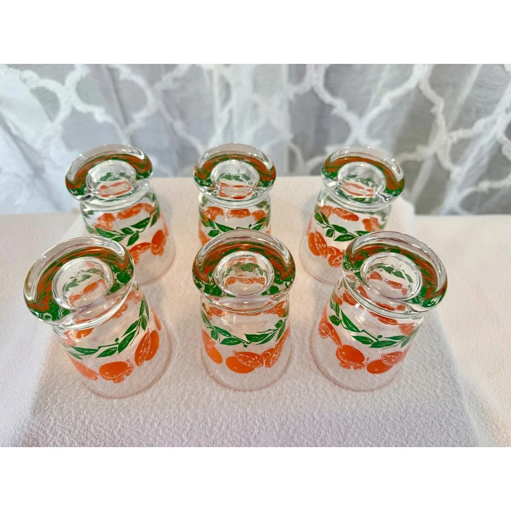 Vintage Orange Citrus Juice Glasses Set of 6 Retro Fruit Pattern Small Tumblers